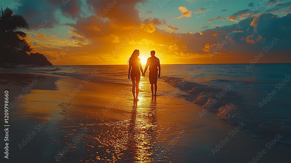 Fototapeta premium Romantic Couple Silhouette at Sunset Beach