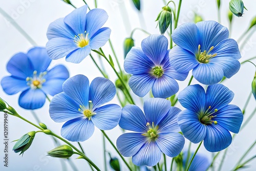Delicate Blue Flax Flowers on White Background - Vibrant Petals & Soft Stems - Stock Photo