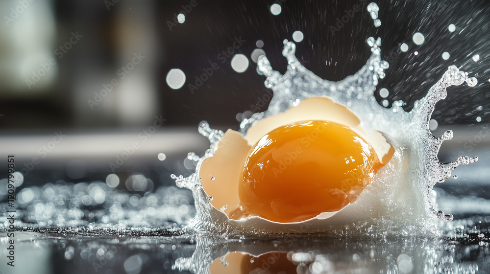 Vibrant close-up of an egg breaking open with a splash in the kitchen.
Vibrant close-up of an egg breaking open with a splash in the kitchen.