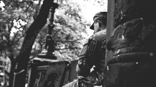 Wallpaper Mural A Soldier's Contemplation: Black and White Portrait of a Soldier in Thoughtful Pose Torontodigital.ca