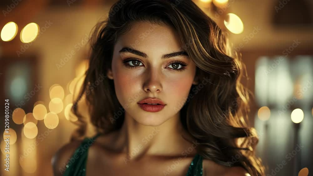 pretty woman smiling with festive bokeh light glowing as backgound pretty woman smiling with festive bokeh light glowing as backgound
