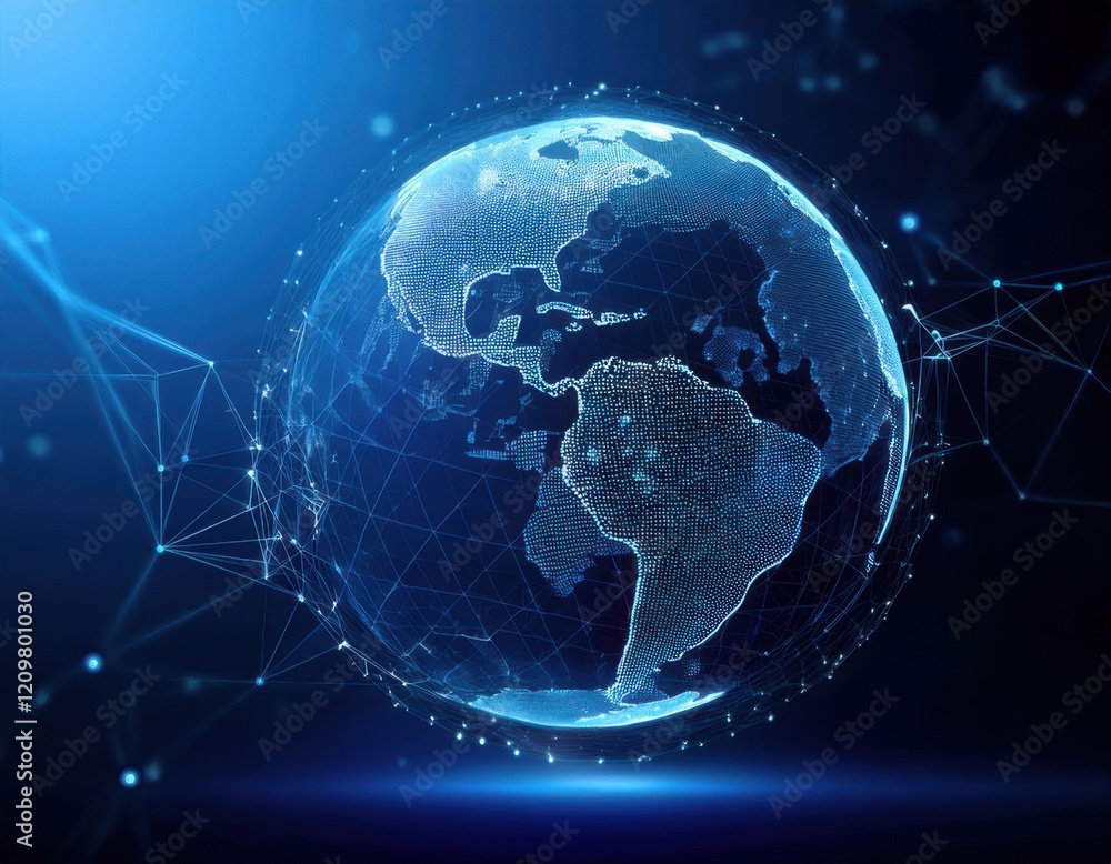 Fototapeta premium Floating blue plexus geometric. Blue futuristic background with planet Earth shape