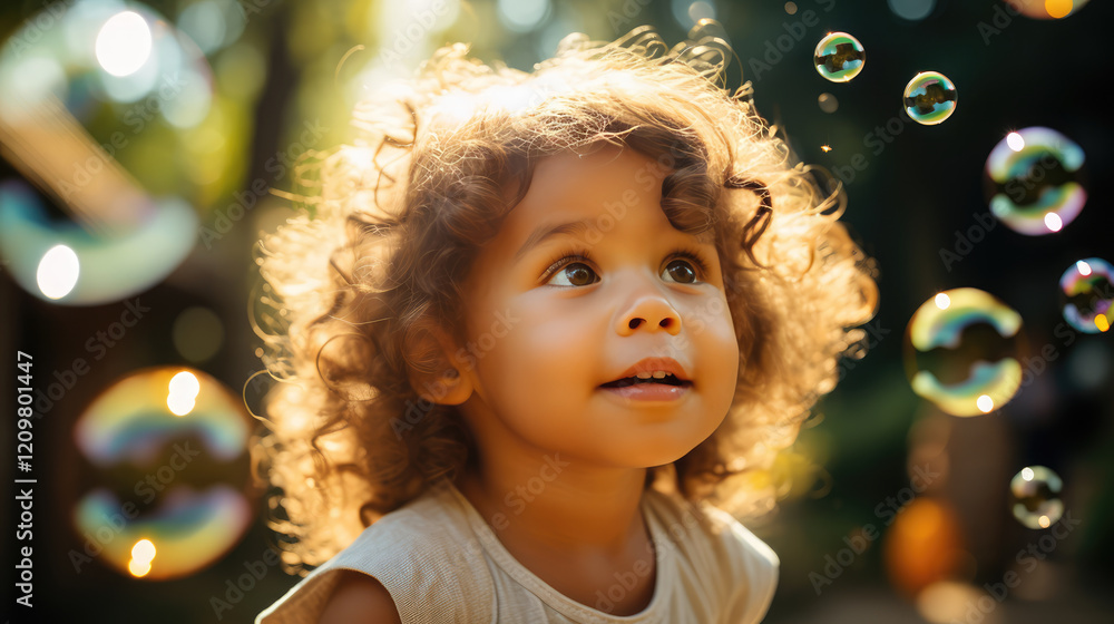 child with curly hair gazes in wonder at floating bubbles, capturing moment of joy and innocence in sunlit outdoor setting child with curly hair gazes in wonder at floating bubbles, capturing moment of joy and innocence in sunlit outdoor setting