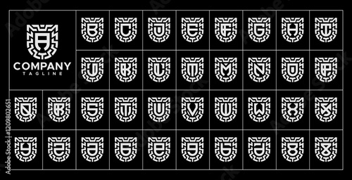 Futuristic line shield initial letter A-Z logo set