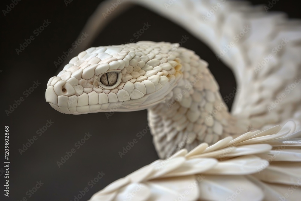 Fototapeta premium Winged snake with white scales and feathers emerging from a dark background, creating a mystical and surreal atmosphere