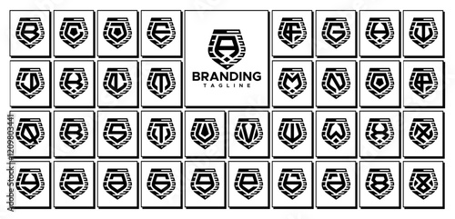Digital line shield initial letter A to Z logo set