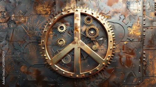 A steampunk peace sign with gears inside it, set against a metallic background. photo