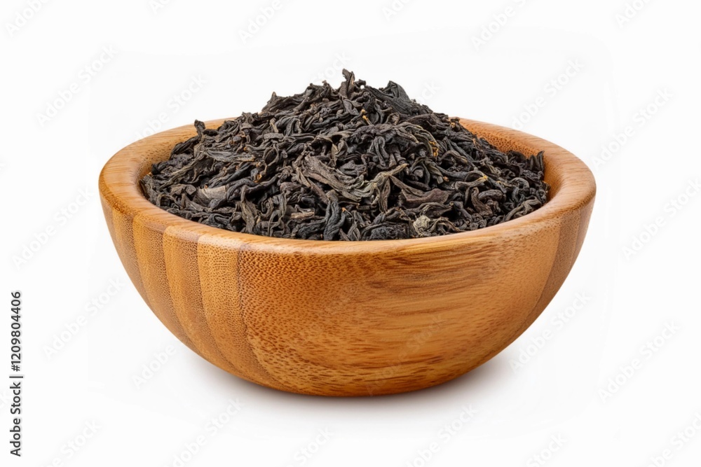 Dried tea leaves in wooden teak bowl isolated on white background with clipping path and full depth of field Dried tea leaves in wooden teak bowl isolated on white background with clipping path and full depth of field