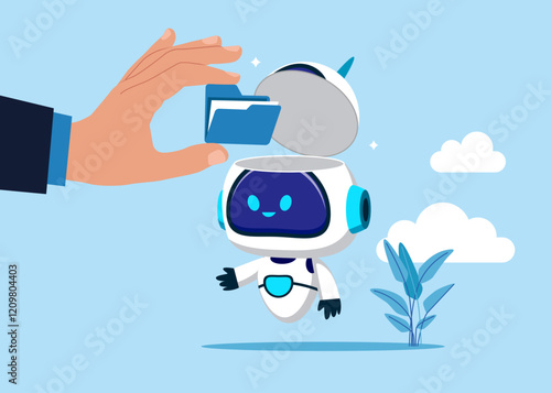 Hand put new folder in open robot head. Savings, Open Bank Deposit. World economic vision for business, technology or investment. Artificial intelligence. Vector illustration
