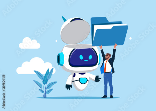 Businessman put new folder in open robot head. Savings, Collecting Money in Account, Open Bank Deposit. World economic vision for business, technology or investment. Artificial intelligence. 