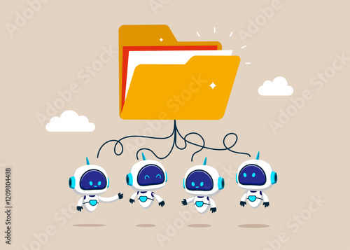 Robots think about organize folder, leadership skill or trust on work responsibility. Organize document files into archive folders. AI assistant support. Flat vector illustration. 