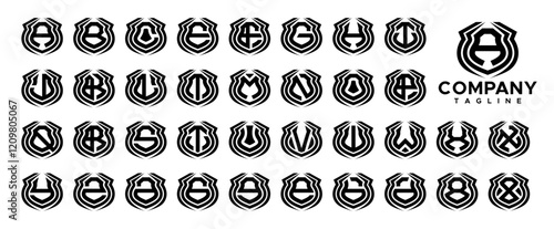 Geometric line security shield letter A-Z logo set