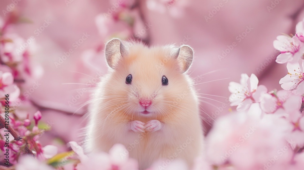 Cute Hamster in a Sea of Pink Blossoms Cute Hamster in a Sea of Pink Blossoms
