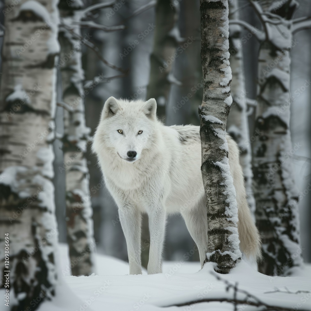Majestic arctic wolf standing in a snowy birch forest, displaying its thick white fur Majestic arctic wolf standing in a snowy birch forest, displaying its thick white fur