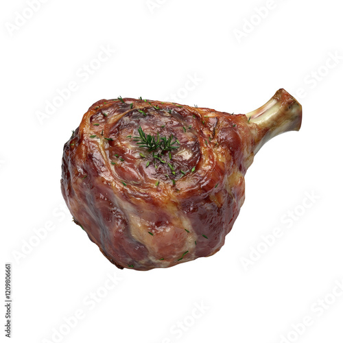 A single roasted pork shank with rosemary garnish is presented against a white background. photo