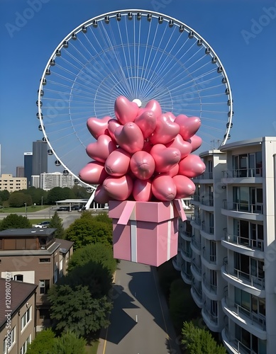 A large pink gift box is floating in the air, filled with numerous pink heart-shaped balloons . The background features modern buildings on either side, with palm trees and a large Ferris wheel