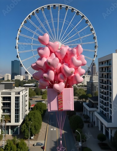 A large pink gift box is floating in the air, filled with numerous pink heart-shaped balloons . The background features modern buildings on either side, with palm trees and a large Ferris wheel