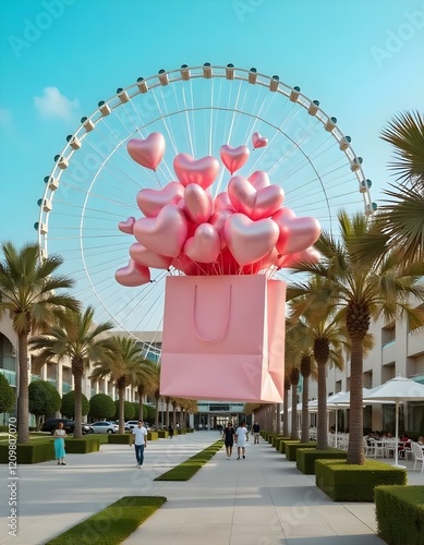 A large pink gift box is floating in the air, filled with numerous pink heart-shaped balloons . The background features modern buildings on either side, with palm trees and a large Ferris wheel