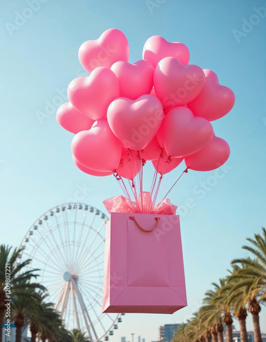 A large pink gift box is floating in the air, filled with numerous pink heart-shaped balloons . The background features modern buildings on either side, with palm trees and a large Ferris wheel