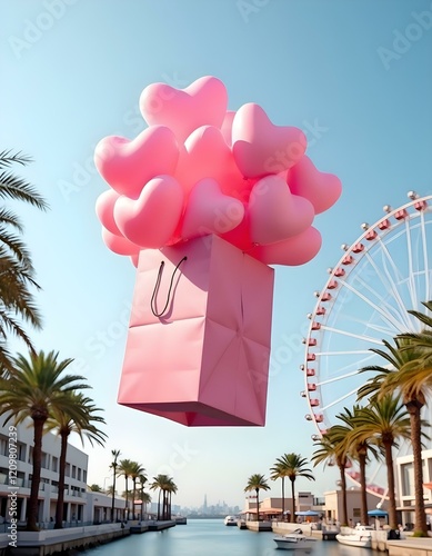A large pink gift box is floating in the air, filled with numerous pink heart-shaped balloons . The background features modern buildings on either side, with palm trees and a large Ferris wheel