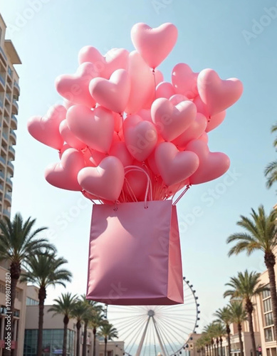 A large pink gift box is floating in the air, filled with numerous pink heart-shaped balloons . The background features modern buildings on either side, with palm trees and a large Ferris wheel