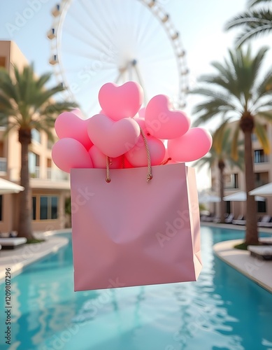 A large pink gift box is floating in the air, filled with numerous pink heart-shaped balloons . The background features modern buildings on either side, with palm trees and a large Ferris wheel