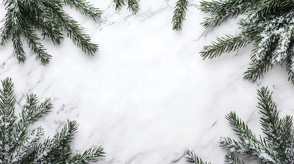 Obraz premium Snow Dusted Pine Branches Frame White Marble Background