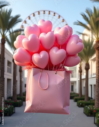 A large pink gift box is floating in the air, filled with numerous pink heart-shaped balloons . The background features modern buildings on either side, with palm trees and a large Ferris wheel