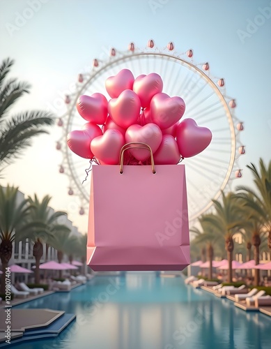 A large pink gift box is floating in the air, filled with numerous pink heart-shaped balloons . The background features modern buildings on either side, with palm trees and a large Ferris wheel