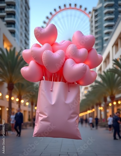 A large pink gift box is floating in the air, filled with numerous pink heart-shaped balloons . The background features modern buildings on either side, with palm trees and a large Ferris wheel
