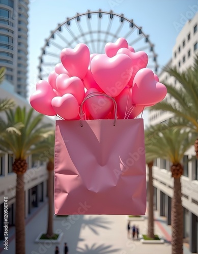 A large pink gift box is floating in the air, filled with numerous pink heart-shaped balloons . The background features modern buildings on either side, with palm trees and a large Ferris wheel