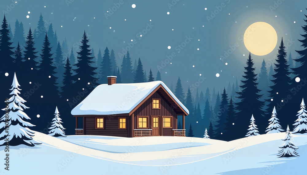 Fototapeta premium Cozy Snow-Covered Cabin Under Bright Moonlight in Dark Forest