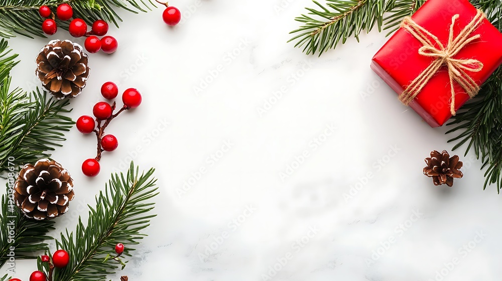 Festive Christmas Background With Gift And Greenery Festive Christmas Background With Gift And Greenery