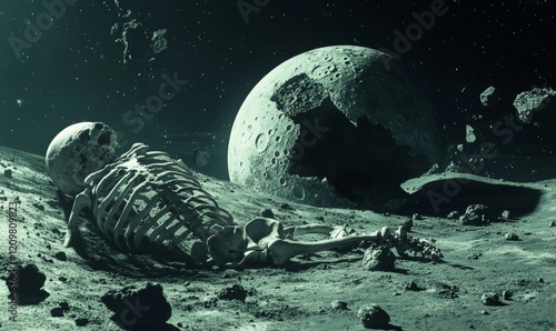 Skeleton lies on moon surface under starry sky. photo