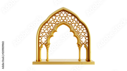 3D render of a golden ornate Islamic arch, mosque window, intricate patterns, Arabic architecture on transparent background