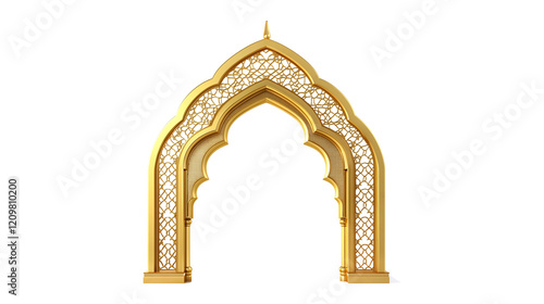 3D render of a golden ornate Islamic arch, mosque window, intricate patterns, Arabic architecture on transparent background