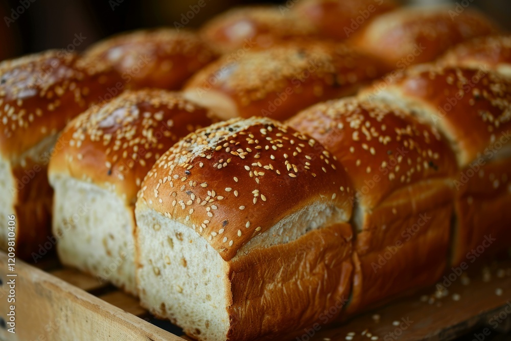 Golden brown loaves of bread, adorned with sesame seeds, sit on a wooden crate, showcasing baking craftsmanship Golden brown loaves of bread, adorned with sesame seeds, sit on a wooden crate, showcasing baking craftsmanship