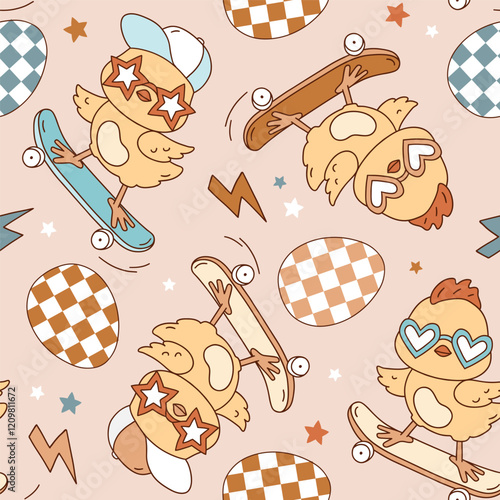 Seamless vector pattern with cute groovy chickens on skateboard and Easter eggs. Hand drawn boho illustration. Perfect for textile, wallpaper or nursery print design. EPS10 vector file.