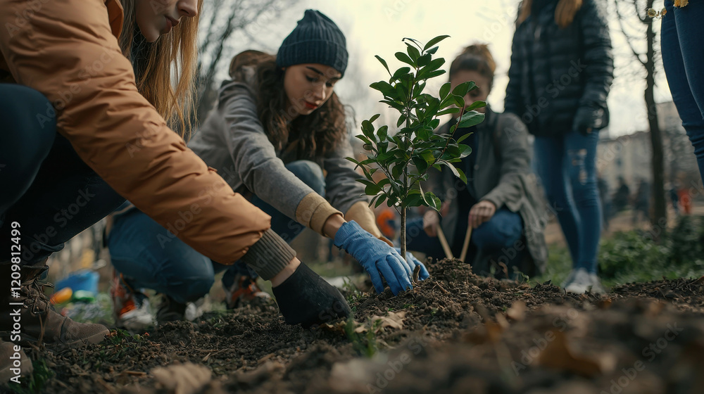 Group of People Planting Trees Together in Community for Environmental Conservation Efforts Group of People Planting Trees Together in Community for Environmental Conservation Efforts