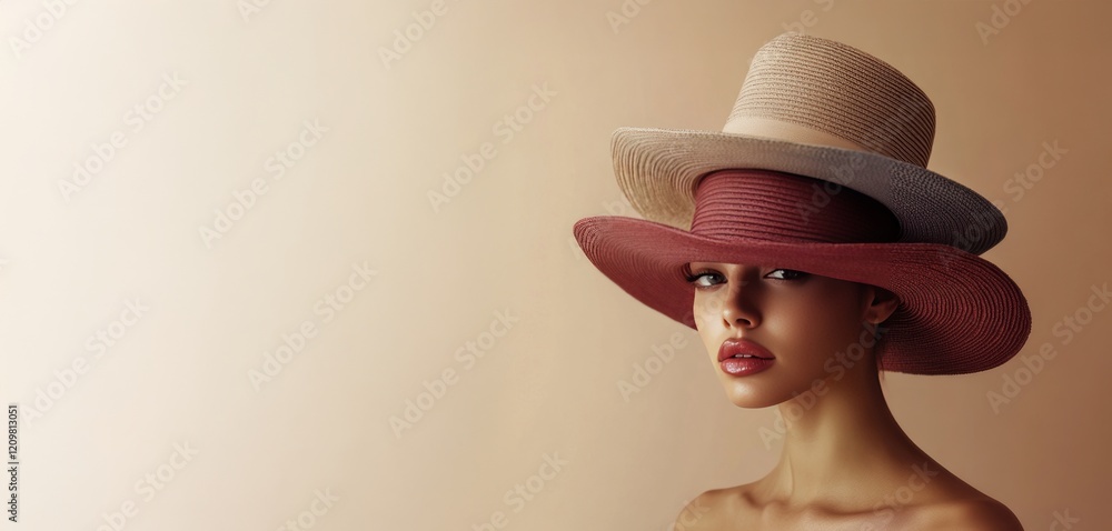 A woman wearing multiple stacked hats, photographed in a photorealistic style for a magazine, showcasing unique fashion. A woman wearing multiple stacked hats, photographed in a photorealistic style for a magazine, showcasing unique fashion.