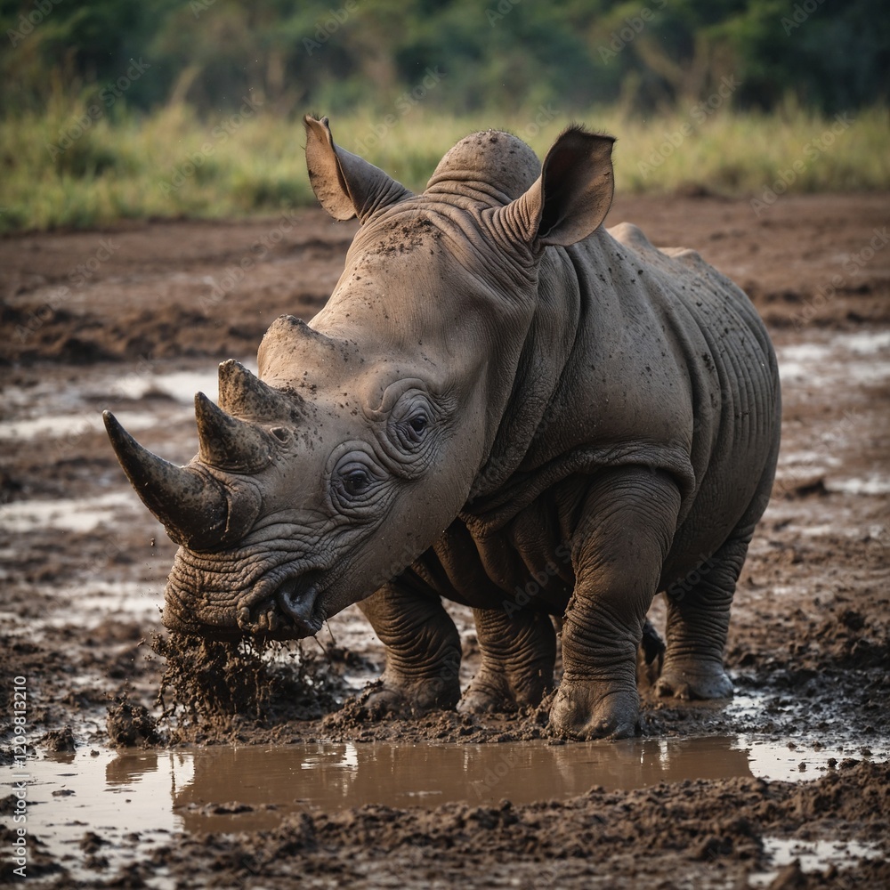 Fototapeta premium A baby rhinoceros playing in the mud in the wild.
