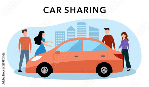 Car sharing service concept vector illustration on white background. Men and women with car in flat design. Carpooling business.