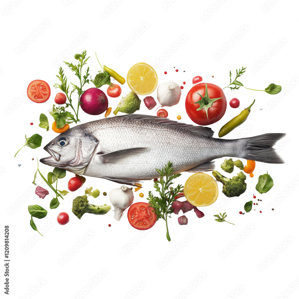 A whole fresh fish is artfully arranged with assorted vegetables and herbs on a white background, showcasing fresh ingredients for a healthy meal. A whole fresh fish is artfully arranged with assorted vegetables and herbs on a white background, showcasing fresh ingredients for a healthy meal.