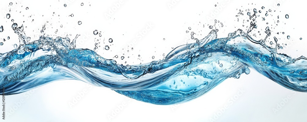 Fototapeta premium A dynamic splash of clear blue water forms elegant waves against a white background, illustrating fluidity and motion.