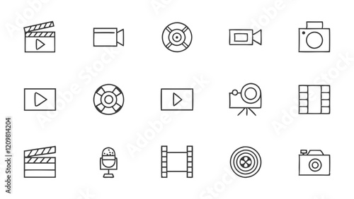 Clapperboard, Camera, and More in Film Day Icon Set