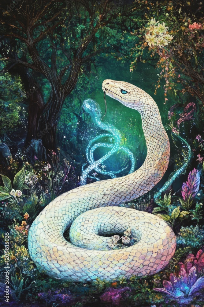 Fototapeta premium White scaled snake with a glowing spirit in forest.