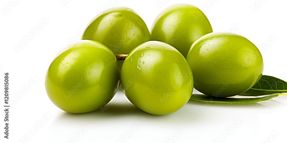Three green olives with leaves isolated on a white background. With a clipping path. Full depth of field. Focus stacking. White background, PNG file. Isolated. PNG file. bokeh background Three green olives with leaves isolated on a white background. With a clipping path. Full depth of field. Focus stacking. White background, PNG file. Isolated. PNG file. bokeh background