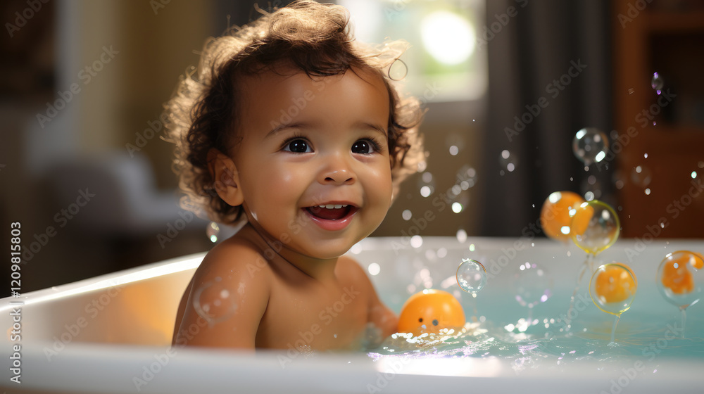 joyful baby playing in bathtub filled with bubbles and colorful balls, showcasing delightful moment of childhood. warm lighting enhances cheerful atmosphere joyful baby playing in bathtub filled with bubbles and colorful balls, showcasing delightful moment of childhood. warm lighting enhances cheerful atmosphere