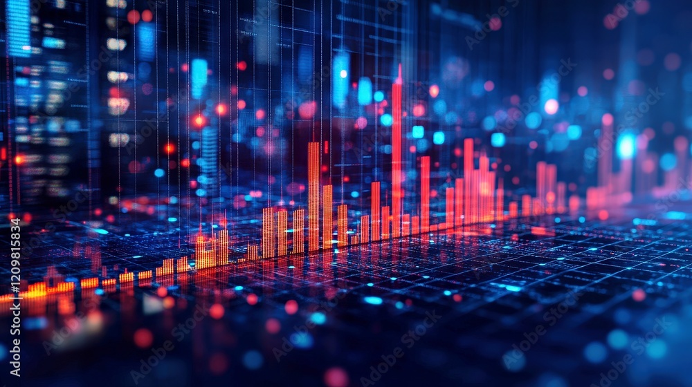 Futuristic digital graph reflects data and finance. Technology and analysis highlight economy statistics. Ideal for stock market, financial displays, business growth. Futuristic digital graph reflects data and finance. Technology and analysis highlight economy statistics. Ideal for stock market, financial displays, business growth.