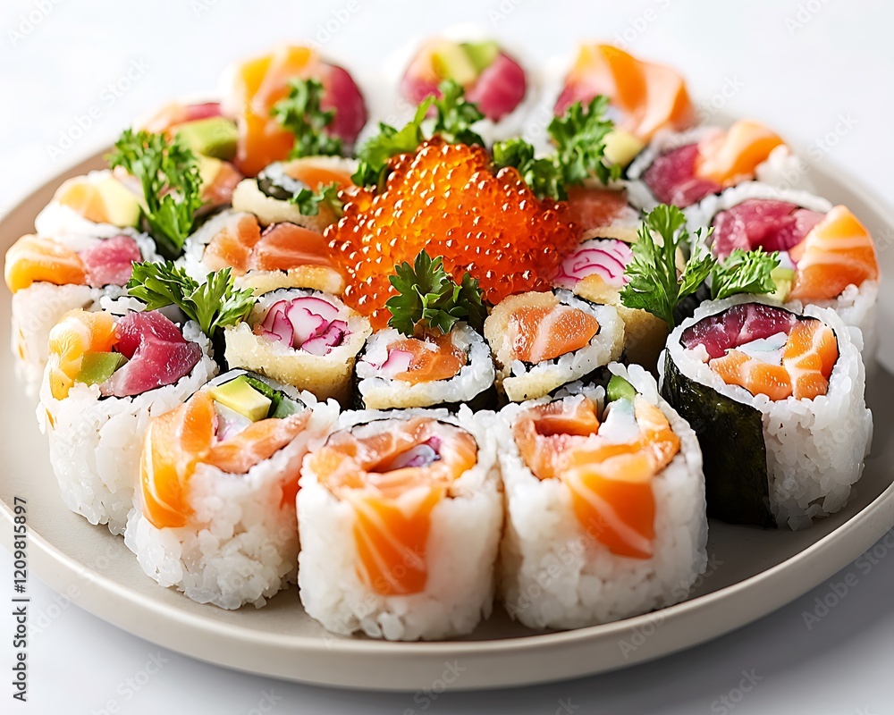 Plate of sushi rolls with vibrant fish and garnish elegantly presented Plate of sushi rolls with vibrant fish and garnish elegantly presented